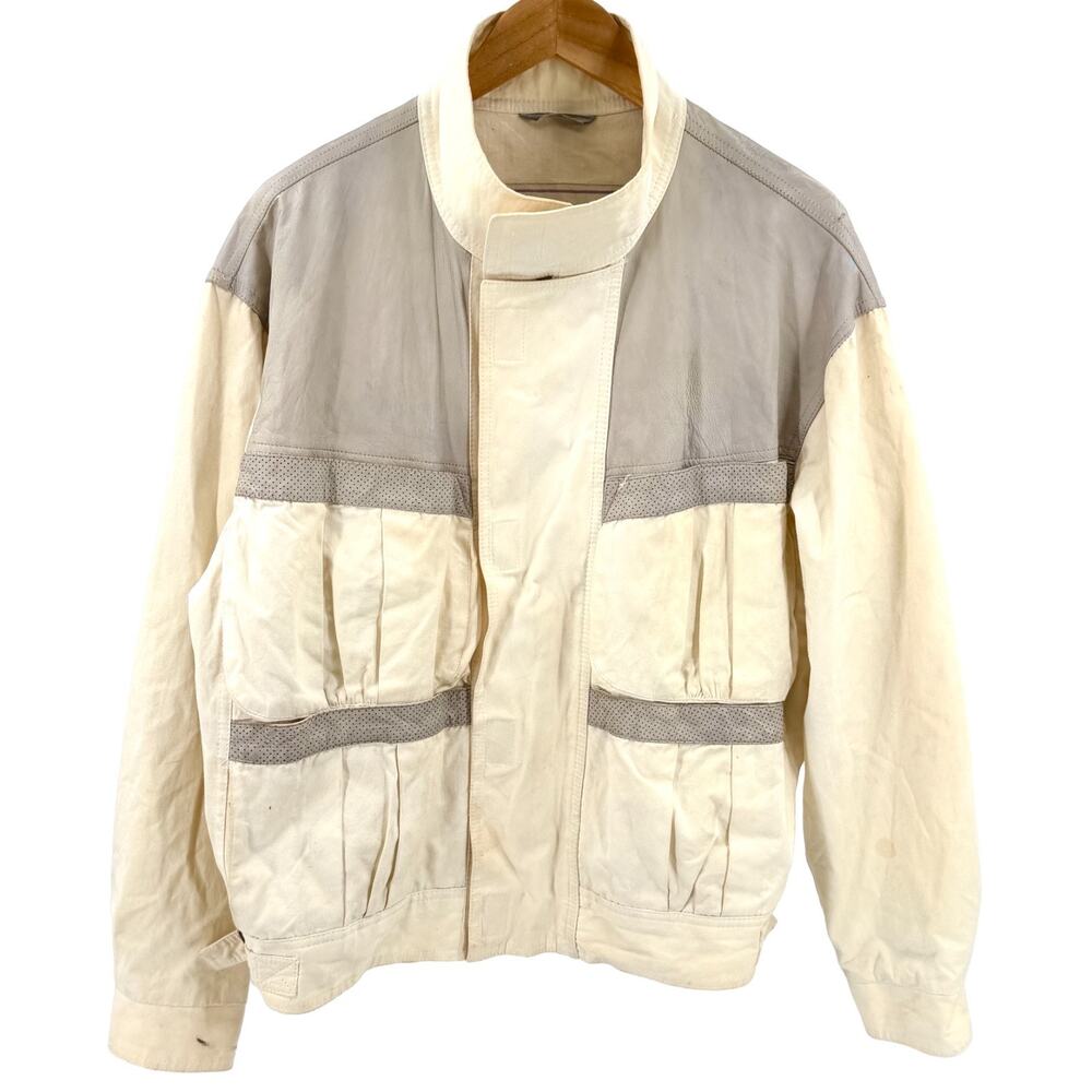 Vintage 80s Members Only Cream Cotton Leather Trim Racing Jacket